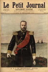 صورة للأدميرال العظيم للأسطول الروسي المتحالف مع فرنسا ، الدوق الأكبر ألكسندروفيتش رومانوف (1850-1908) ابن القيصر ألكسندر الثاني (1818-1881). نقش في "" مجلة Le petit "" 30/09/1893. مجموعة سيلفا. بواسطة فنان غير معروف