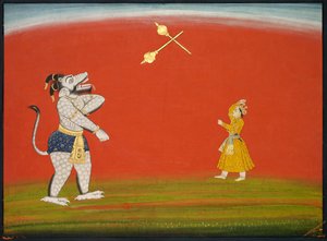 Pradyumna و Samvara يقاتلون مع Max: ورقة من "Basohli Bhagavata Purana الكبيرة" بواسطة فنان غير معروف