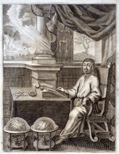 رينيه ديكارت (1596 - 1650) في مكتبه بمعدات علمية. نقش من القرن السابع عشر. بواسطة فنان غير معروف