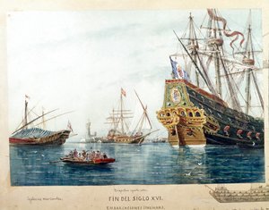 Representation of Italian ships, galeres, brigantine of the16th century (Watercolour بواسطة فنان غير معروف