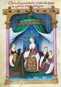 تمثيل للملكة إيزابيلا ملكة البرتغال إيزابيلا ملكة أراغون (1271-1336) محاطة برفاقها وبيدرو ماركويلو الذي يقدم لها كتابها. صفحة مخطوطة مأخوذة من "" مجموعة تفاني الملكة جوان ذا فول (1479-1555) ملكة إسبانيا "" بقلم بواسطة فنان غير معروف