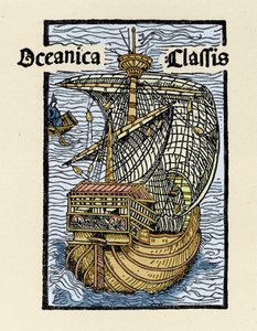 تمثيل كارافيل سانتا ماريا بواسطة كريستوفر كولومبوس (1451-1506). نقش من "De insulis in mare Indico super Inventis" ، بايل 1493-1494 (الترجمة اللاتينية لتقرير كولومبوس إلى ملك إسبانيا). بواسطة فنان غير معروف