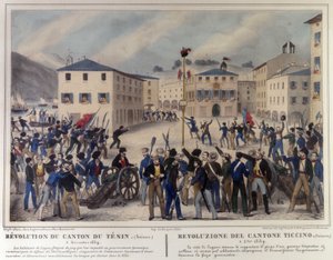 ثورة كانتون تيسينو في سويسرا في 5 ديسمبر 1859 ، ونقش القرن التاسع عشر. بواسطة فنان غير معروف
