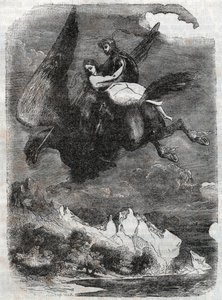 روجر (روجيرو ، روجيرو) وأنجيليك (أنجليكا) على الحصين - نقش من عام 1851 من "" Roland furieux "(أورلاندو فوريوسو) (القرن السادس عشر) بواسطة Ludovico Ariosto ، المعروف باسم Ariosto - إصدار مترجم من الإيطالية بواسطة كونت تريسان ونشرها بواسطة فنان غير معروف