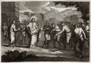 الكتاب المقدس روياومونت ، العهد الجديد: العشرة البرص. يسوع المسيح المحاربين العشرة البرص. رسم توضيحي من عام 1811. بواسطة فنان غير معروف