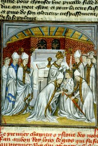 Sacre of Louis VI (1108) - زخرفة مخطوطة على Velin من العصور الوسطى "" Great Chronicles of Saint-Denis "" أواخر القرن الرابع عشر (المرجع 512 بواسطة فنان غير معروف