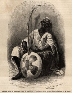Sambou ، griot of Niantanso (مالي) (نوع Malinke: لغة غرب إفريقيا (Guinee والسنغال ومالي وكوت ديفوار) ، شاعر وموسيقي ومؤرخ وراوي القصص ، griot هو وديع الذاكرة الجماعية للشعب. الحفر لتوضيح القصة بواسطة فنان غير معروف