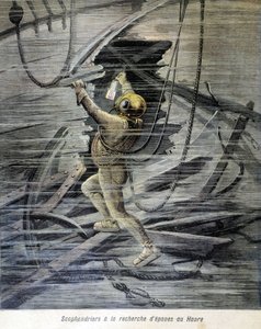 Scaphandrier يبحث عن حطام السفن في لوهافر. رسم توضيحي لـ "مجلة Petity" لعام 1892. بواسطة فنان غير معروف