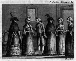 المشهد 11 من الفصل الثاني من العمل الهزلي "" I rustici "" (Les rustres) (1760) لكارلو جولدوني (1707-1793). نقش القرن الثامن عشر بواسطة فنان غير معروف