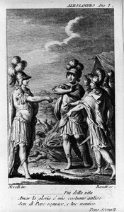 مشهد من الفصل الأول من "Alexandre aux Indies" (Alessandro nelle Indie) ، أوبرا للملحن نيكولو فيتو بيتشيني (أو Piccini) (1728-1800) (1758) بعد نص ليبريتو لبيترو ميتاستاسيو (ميتاستاس). نقش من نهاية القرن الثامن عشر بواسطة فنان غير معروف