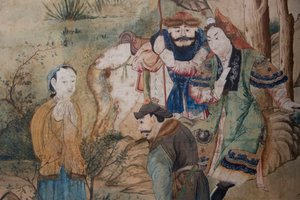 Scenes of everyday life in China, detail of the Chinese wallpaper, Chinese cabinet, Hunting residence, by Filippo Juvarra (1678-1736), Stupinigi, Piedmont, Italy بواسطة فنان غير معروف