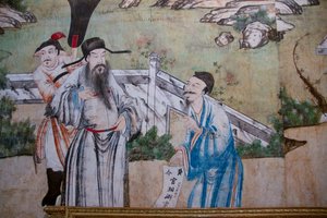 Scenes of everyday life in China, detail of the Chinese wallpaper, Chinese cabinet, Hunting residence, by Filippo Juvarra (1678-1736), Stupinigi, Piedmont, Italy بواسطة فنان غير معروف