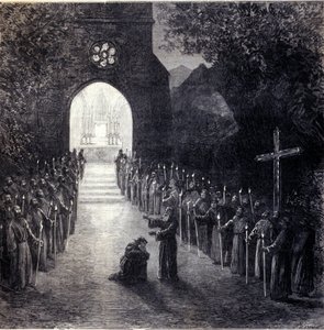 سينوغرافيا المشهد الأخير من الفصل الثاني لأوبرا "La forza del destino" (قوة القدر) للملحن الإيطالي جوزيبي فيردي (1813-1901) للأداء في أوبرا باريس بواسطة فنان غير معروف
