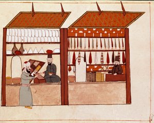 المحلات التجارية في شوارع القسطنطينية. صورة مصغرة مأخوذة من مخطوطة Cicogna من القرن التاسع عشر (1828) بعد نسخة أصلية من القرن السابع عشر (1671). البندقية ، مكتبة مارسيانا بواسطة فنان غير معروف