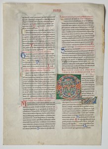 ورقة مفردة من Decretum بواسطة Gratian: أول حرف Q مزخرف [uidam Habens Filium Obtulit] وأركيد رباعي بتوافق الأبجديات اليونانية واللاتينية بواسطة فنان غير معروف