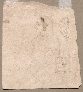 رسم تخطيطي لامرأة مع فيل وحيوانات أخرى على ظهرها بواسطة فنان غير معروف