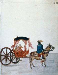 نساء إسبانيات في عربة تجرها الخيول يقودها هندي ، من كتاب "Trujillo del Peru" أو "Códice Martínez Compañón" ، بقلم بالتازار مارتينيز كومبانيون إي بوجاندا ، أسقف تروخيو (1782-1785) بواسطة فنان غير معروف