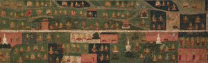 لافتة معبد بها مواقع حج ومشاهد من Svayambhu-purana (النص القديم لبوذا البدائي) بواسطة فنان غير معروف