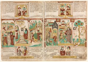 الكتاب المقدس للفقراء (بيبليا بابيروم) ، غرق جيش فرعون في البحر الأحمر. معمودية المسيح. وجواسيس موسى العائدون بالعنب من كنعان يبيع عيسو حق البكورية ليعقوب. تجربة المسيح ؛ وتجربة آدم وحواء بواسطة فنان غير معروف