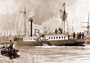 كليرمونت ، قارب بناه روبرت فولتون في عام 1807 (1765 - 1815) لتوفير اتصال نيويورك - ألباني على نهر هدسون. نقش القرن التاسع عشر. بواسطة فنان غير معروف