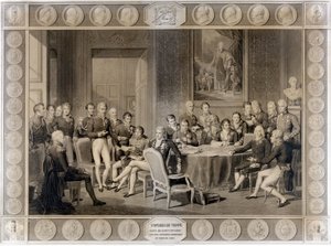 مؤتمر فيينا. مؤتمر فيينا عام 1815. الكسندر الأول ، القيصر ؛ إتش آر ستيوارت ، كاسلريه ؛ فرانسوا الأول ، إمبراطور النمسا ؛ فريدريك وليام الثالث ملك بروسيا ؛ كارل أوغست ، أمير هاردنبرغ ؛ فيلهلم فون همبولت (ويليام هومبولت بواسطة فنان غير معروف