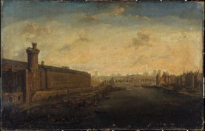 غاليري اللوفر الكبير، مع بورت نوف وبونت نوف وسيتيه وتور دي نيسل وكواي مالاكيه، حوالي عام 1640، الدائرة الأولى والسادسة الحالية، بين عامي 1635 و1645 (زيت على قماش) بواسطة فنان غير معروف