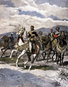 ملك إثيوبيا منليك الثاني (1844 - 1913). من الصحافة الإيطالية. بواسطة فنان غير معروف