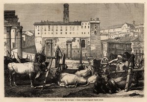يوجد في المنتدى الروماني ريع العلف ، والثيران تقع في وسط العربات والأطلال القديمة. Engravure pour Illustrrer le voyage à Rome ، بقلم فرانسيس وي ، في 1864-1868 ، نُشر في "" Le tour du monde "" "1869 ، تحرير إدوارد شارتون ، طبعة Hachette ، بواسطة فنان غير معروف