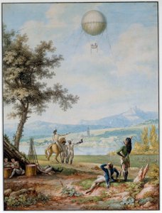* حصار ماينز: الحصار يحاصره جيش التحالف الأول بتاريخ 14/4/1793. منطاد فوق المدينة في حالة حصار يستخدم لأغراض عسكرية. طباعة القرن الثامن عشر. باريس. المتحف الجوي بواسطة فنان غير معروف