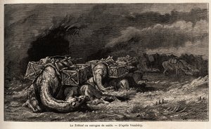 قافلة الجمال التي وقعت في إعصار رملي تسمي tebbad. رسم بواسطة إميل بايارد (1837-1891) ، لتوضيح الرحلة إلى آسيا الوسطى ، في عام 1863 ، بواسطة أرمينيوس فامبيري (عالم مجري متنكّر بالدرويش). نقش في "" Le tour du monde "" ، تم تحريره بواسطة بواسطة فنان غير معروف