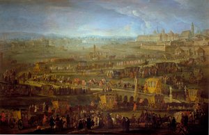 الموكب الخاص بالسفير الماركيز ميربوا (1699-1757) مع الممثلين الدبلوماسيين الفرنسيين في فيينا 12/10/1738 لوحة مجهولة من القرن الثامن عشر. فيينا ، متحف Historisches للمدينة بواسطة فنان غير معروف