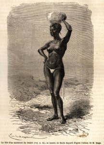 ابنة معلم من الواليت (موريتانيا) ، ترتدي جات على رأسها لصنع صابون أسود. نقش لتوضيح رحلة الملازم (بحري) ماجى إلى غرب السودان ، في 1863-1866 ، نُشر في "Le tour du monde، nouveau journal des voyages" بواسطة فنان غير معروف