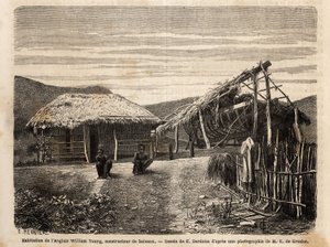 مسكن وحوض بناء السفن الخاص ببناء إنجليزي بالقرب من نوميا ، والذي يستخدم عمالة من السكان الأصليين أو يدينهم حتى نهاية وقت عملهم الشاق. Engravure pour Illustrrer le voyage à la Nouvelle Caledonie ، بواسطة Jules Garnier ، المهندس المدني للمناجم ، في 18 بواسطة فنان غير معروف