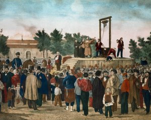 إعدام فيليس أورسيني (1819-1858) وبييري في 13/03/1858 ، اللذين نفذا هجوم 14 يناير 1858 ضد نابليون الثالث في ميدان لا روكيت في باريس ليثوغراف في نهاية القرن التاسع عشر. مجموعة خاصة ميلان بواسطة فنان غير معروف