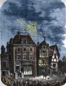أول مانع صواعق أنشأه بنجامين فرانكلين (1706-1790) في منزل في فيلادلفيا (الولايات المتحدة الأمريكية). 1760. بواسطة فنان غير معروف