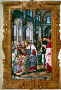 الملك يلمس ، الله يسمعك الملك هنري الثاني (1519-1559) ، ثوماتورج ، المحاربين المرضى من الإكرويليس في دير القديس ماركول ، مباشرة بعد حفل تتويج ريمس. بالقرب منه قوس ريمس. منمنمة من "ساعات هنري الثاني" 154 بواسطة فنان غير معروف
