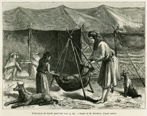 صناعة الحليب من قبل نساء رعاة منطقة كارون. نقش لتوضيح قصة La Perse، la Chaldee et la Susiane لجين ديلافوي (1851-1916) ، ضابط الأكاديمية ، في جولة العالم 1886 ، من إخراج إدوارد شارتون (1807-1890) ، ها بواسطة فنان غير معروف