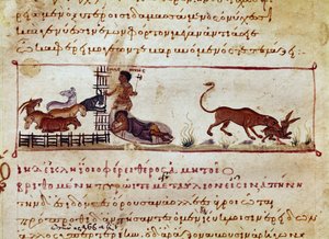 تربية الأغنام ، على اليمين ، يلتهمها وحش مصغر مأخوذ من حلب الصيد "The Cynegetics" من قبل أوبيان (أوبيان أو أوبيانوس) في سوريا (القرن الثالث الميلادي) المخصصة لكركلا. مدينة البندقية في القرن الحادي عشر. مكتبة مارسيانا بواسطة فنان غير معروف