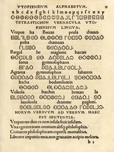Utopiensium Alphabetum (الأبجدية الفاضلة) من الطبعة الثالثة من 1518 من "Utopia" للسير توماس مور (1478-1535) التي نُشرت لأول مرة في عام 1516. يُظهر Woodcut اللغة الوهمية المستخدمة في جزيرة اليوتوبيا. بواسطة فنان غير معروف