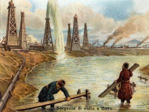 منظر لآبار النفط في باكو ، أذربيجان. الطباعة الحجرية الملونة من حوالي عام 1890. بواسطة فنان غير معروف