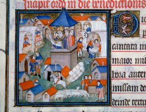 View of the Lendit fair, popular gathering and walking in the city of Saint Denis The eveque of Paris blessed the opening of this event. Miniature from “Pontifical de Sens”” 14th century Paris, B.N. بواسطة فنان غير معروف