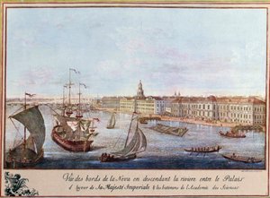 منظر لنيفا في قصر الشتاء وأكاديمية العلوم في سانت بطرسبرغ. تطبع حوالي 1753. باريس ، BN بواسطة فنان غير معروف