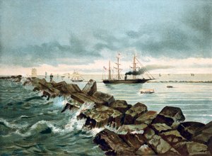 منظر لقناة السويس تم افتتاحه بتاريخ 17/09/1869. الطباعة الحجرية الملونة في القرن التاسع عشر بواسطة فنان غير معروف