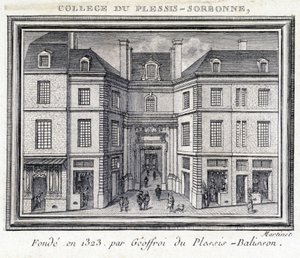 منظر للواجهة الخارجية لكلية Plessis Sorbonne (باريس) ، التي تأسست عام 1323 من قبل Geoffroy of Plessis Balisson والتي استخدمتها ENA من 1848 إلى 1849. نقش محفوظ في متحف كارنافالي ، باريس. بواسطة فنان غير معروف