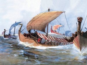 Viking boat in transit towards Normandy, watercolor بواسطة فنان غير معروف