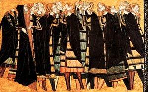 Weeping in black cape on the tomb of Knight Don Sancho Saiz de Carillo, detail of the fresco decorating the tomb. Detrempe on wood. End of the 13th century. Museu Nacional d