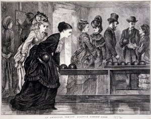 شابات يلعبن البولينج ، في الولايات المتحدة ، حوالي عام 1870 - نقش بواسطة فنان غير معروف