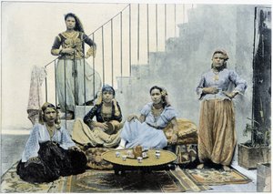 نساء من مغاربي الجزائر يتناولن الشاي - أصلي ، أواخر القرن التاسع عشر بواسطة مصور غير معروف