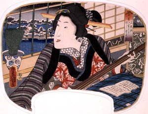 الشتاء ، Shinobazu Pond ؛ غيشا تمارس أغنية ، تصميم لمشجع من مجموعة من أربعة توضح الفصول بواسطة أوتاغاوا كونيسادا