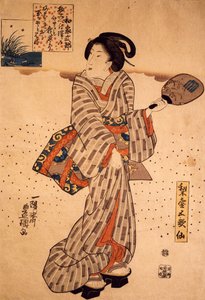امرأة ذات مروحة صلبة ، بواسطة Utagawa Kunisada ، نقش خشبي ، تقنية nishiki-e بواسطة أوتاغاوا كونيسادا